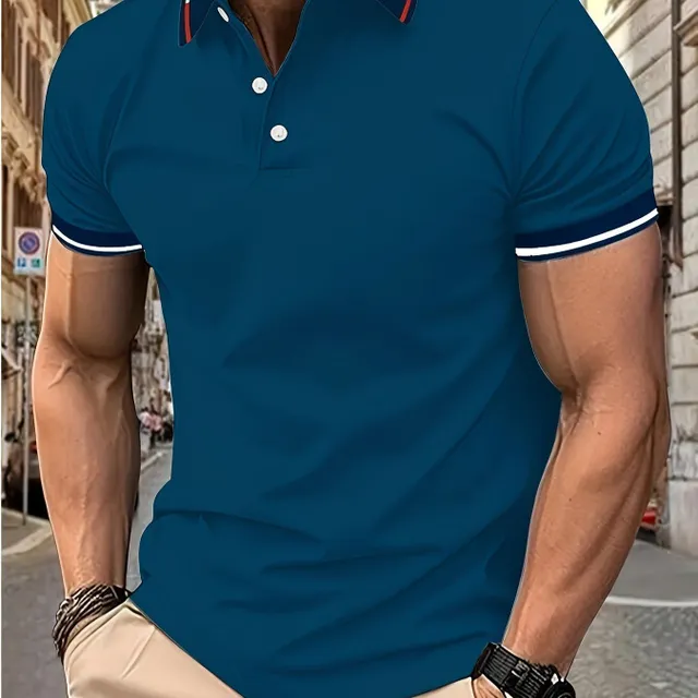 Men's golf polo shirt with short sleeve for leisure - breathable with contrasting lining