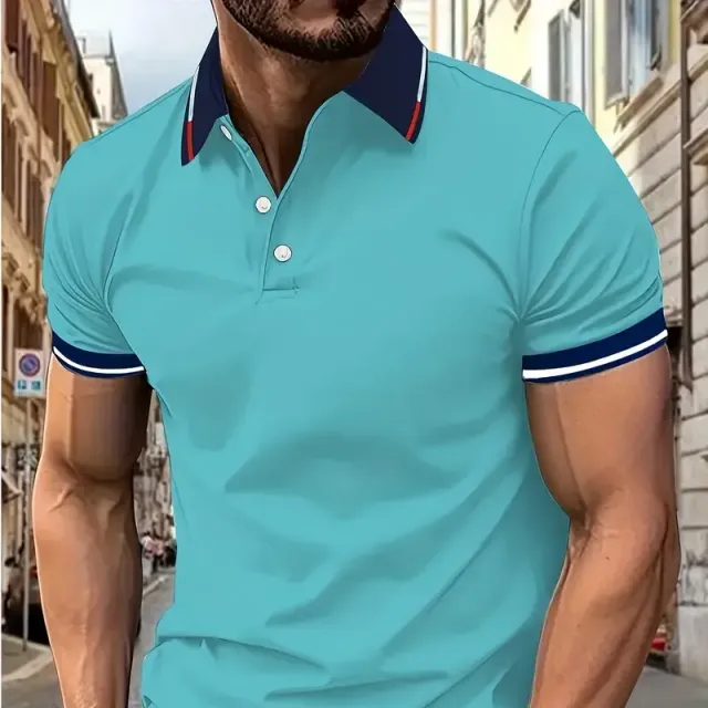 Men's golf polo shirt with short sleeve for leisure - breathable with contrasting lining