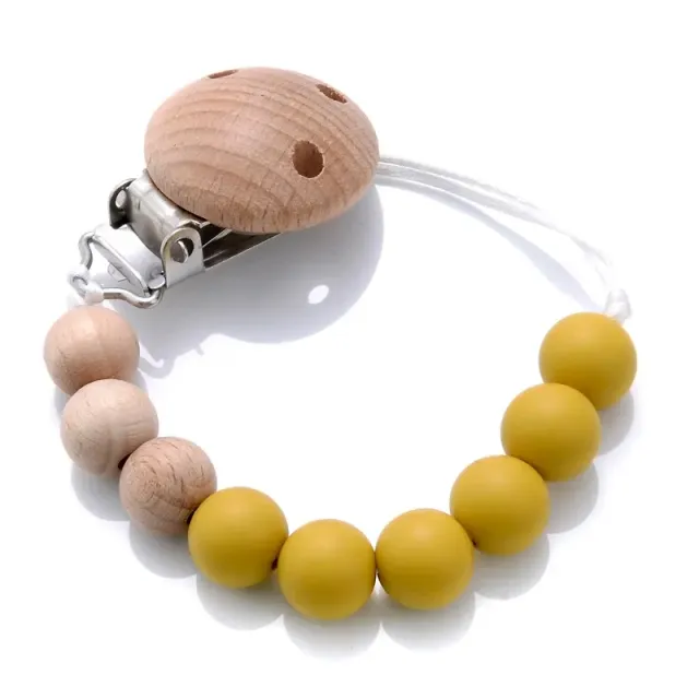 Wooden pacifier clip with silicone bite and round beads