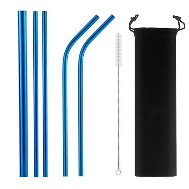 Set of re-usable stainless steel straws with case 7Pcs Blue A