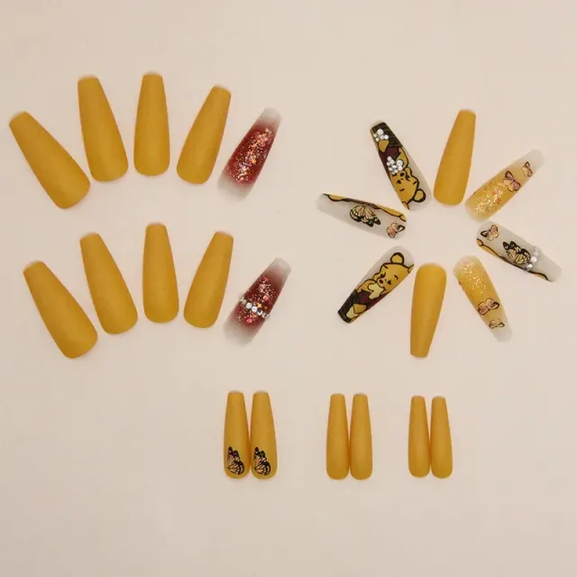 Modern sticky nails - long shape in ballerina style, yellow color, theme favorite characters