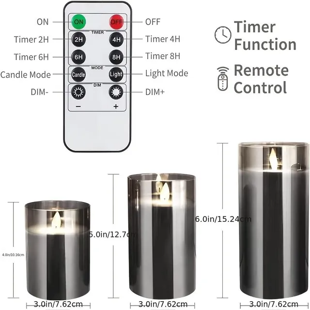 LED candles for batteries with realistic flaming flame and remote control - grey glass design