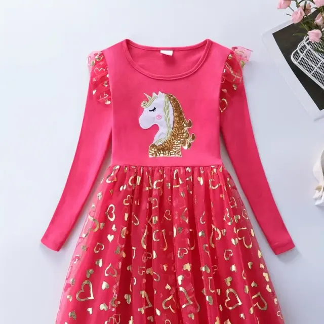 Children's princess dress with unicorn, long sleeve, sequins and tulle skirt in autumn, birthday, party or wedding