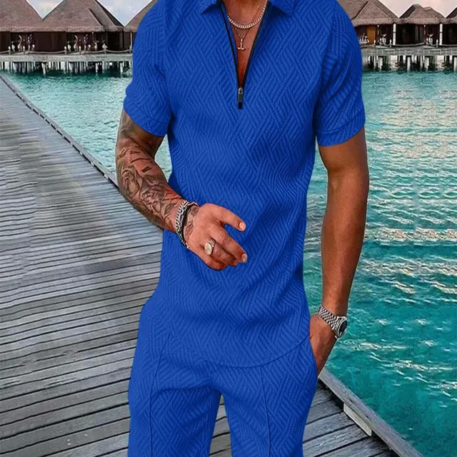 Men's 2-piece set - Casual shirt with short sleeve and collar and string shorts
