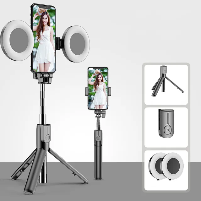 Selfie stick / tripod with bluetooth remote control and circular light