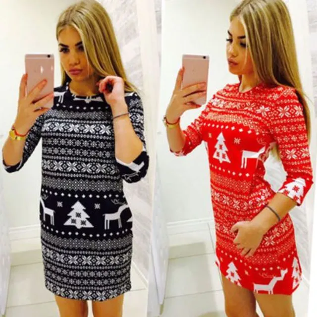 Christmas mini dress with reindeer and tree pattern