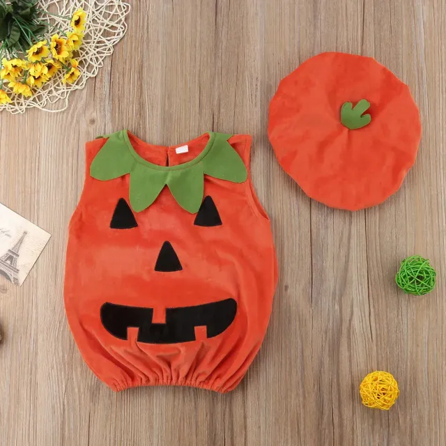 Children's Halloween pumpkin costume with romper and sleeveless hat