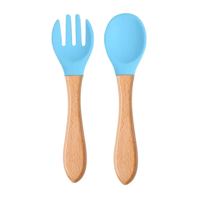 Kids' teaspoon kit and food silicone for training a child with wooden handles