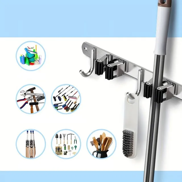 Holder for mops and brooms for stainless steel wall 304, storage organizer, 4 clips 5 hooks