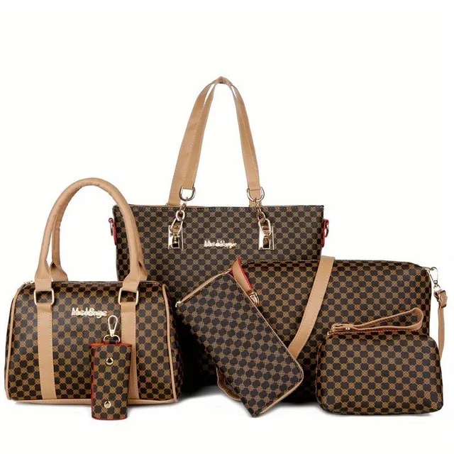 6 piece bag set: Tote, Boston, Clutch, PU leather shoulder with texture - universal for everyday wear