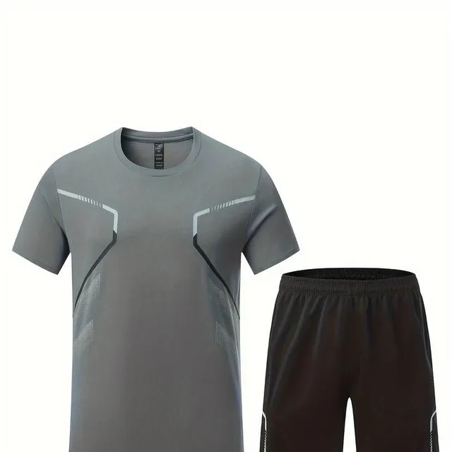 Men's two-piece summer set - T-shirt with short sleeve and round neckline + shorts - trendy holiday and exercise clothes