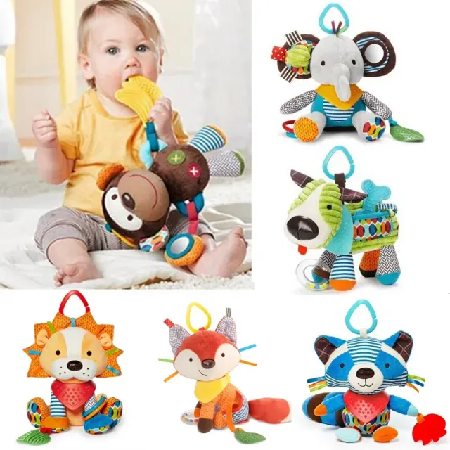 Baby stuffed rattle for hanging on a stroller or cot with rocking animals for infants