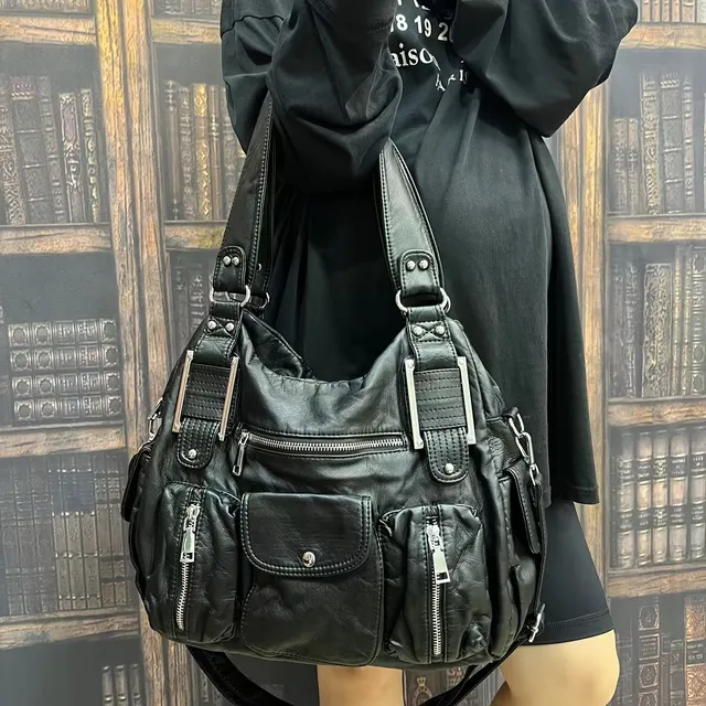 Sac à bandoulière vintage élégant en simili cuir avec plusieurs poches et bandoulière amovible avec fermeture éclair