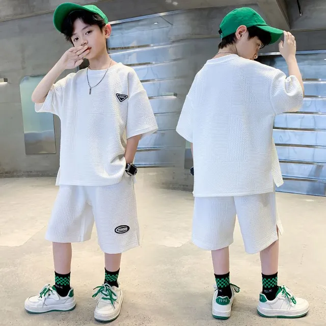 Boy summer set T-shirts and shorts, comfortable, monochrome with patches