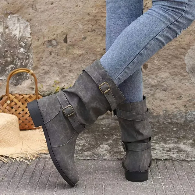 Women's retro western ankle boots without heel with wrapped buckle, necklace