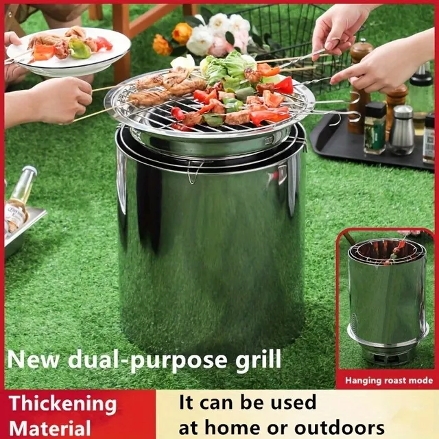 Barbecues for charcoal, stainless steel grill in the shape of a barrel for charcoal, hanging