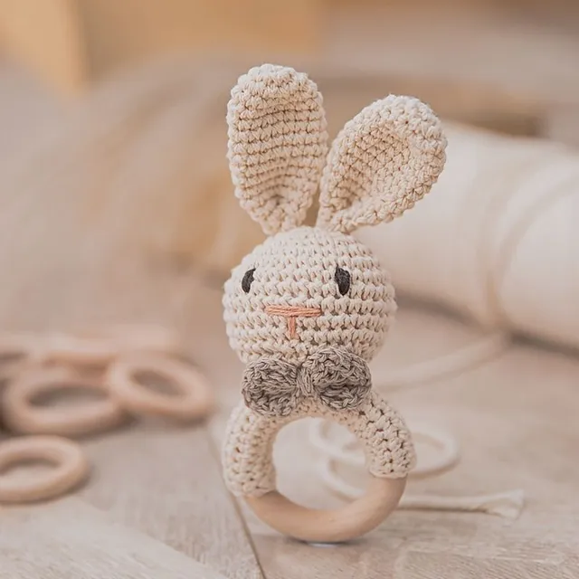 Hooked rattle in the form of a brown bunny - cute design impresses the baby, Built-in bells ring when swinging