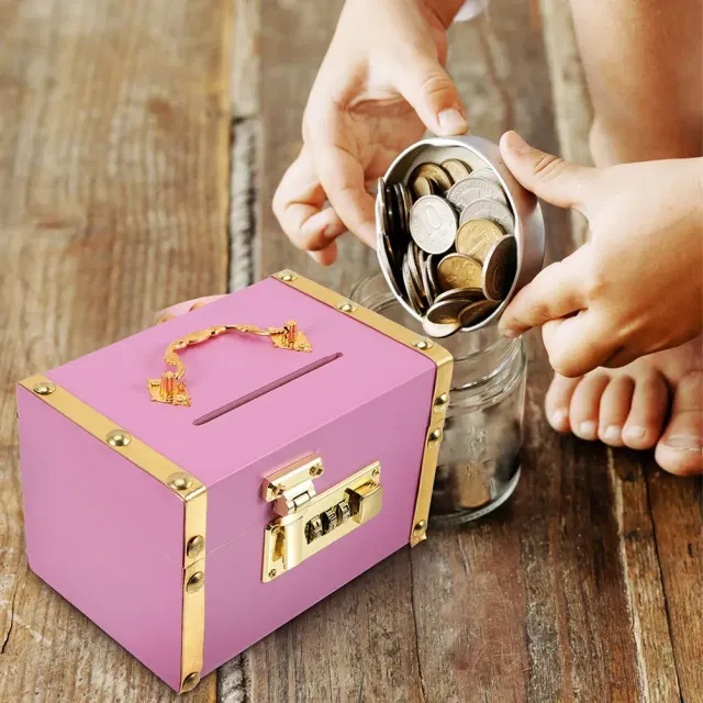 Modern wooden cash box for coins and banknotes - pink version, gold details, with code