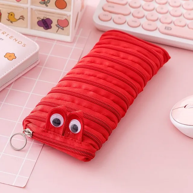 Original modern one-colour funny school pencil case in the shape of a cute worm with moving eyes