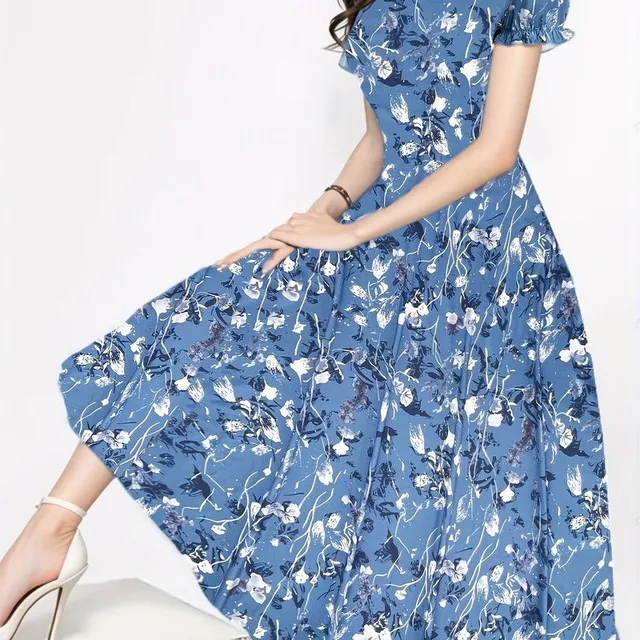 Flower Pattern - Dress with round neckline, Elegant, Short Sleeves (Spring/Summer)