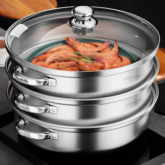 3-storey stainless steel steam cooker with stack © Fully equipped steamer for healthy cooking