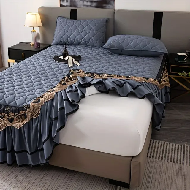 Luxusní krajkové prostěradlo s volánem, 3dílná sada z prodyšné bavlny s klipsy, měkké a pohodlné, na postel a do pokoje pro hosty