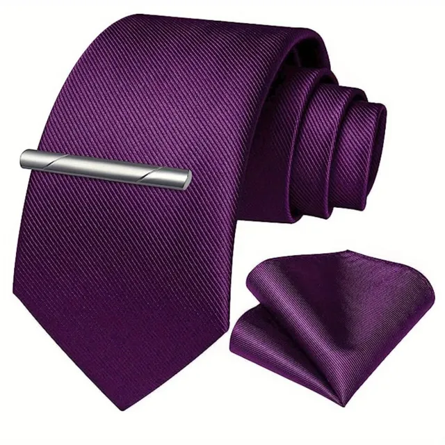 Single-colored men's tie with handkerchief and tie buckle