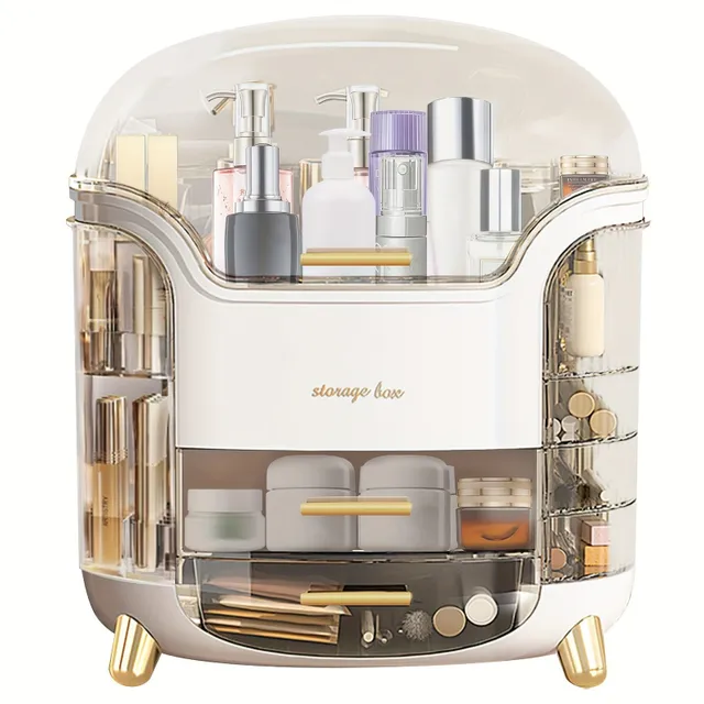 Beauty organizer with transparent lid and makeup drawers and skin care