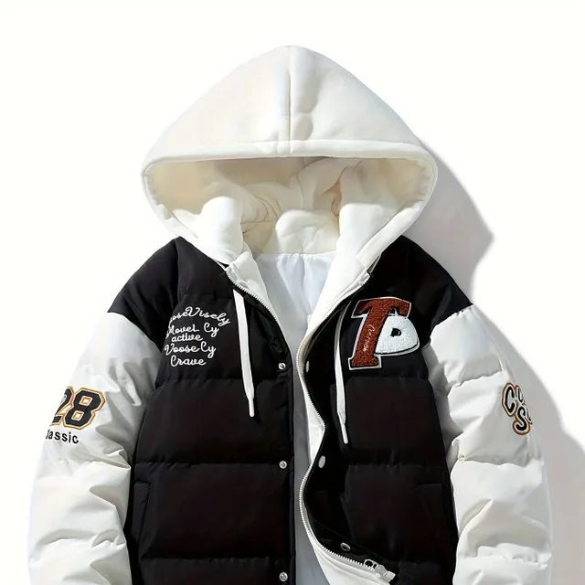 Men's warm quilted jacket with hood, colorful blocks, ideal for autumn/winter