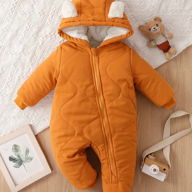 Warm baby jumpsuit with hood, long sleeve and zipper - for comfortable winter walks