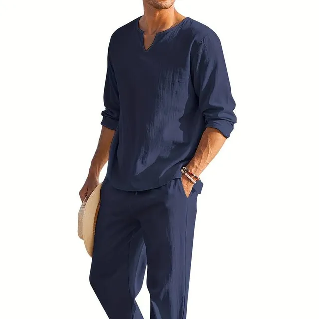 Ensemble 2 pièces en coton et lin pour homme - T-shirt décontracté à col en V et pantalon avec cordon de serrage pour l'été et l'automne