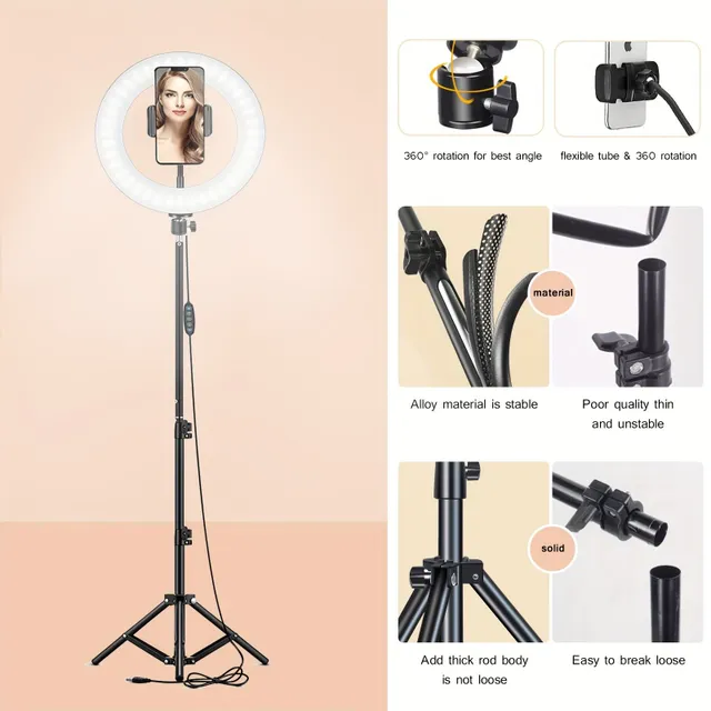 Round LED light with handle, stand and phone holder for vlogging, photo, selfie, video calls, makeup and live streaming