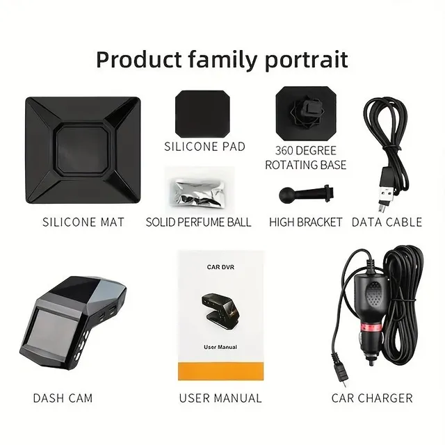 Full HD car camera with LCD display on centre panel, wide-angle 170°, night vision and parking monitor.