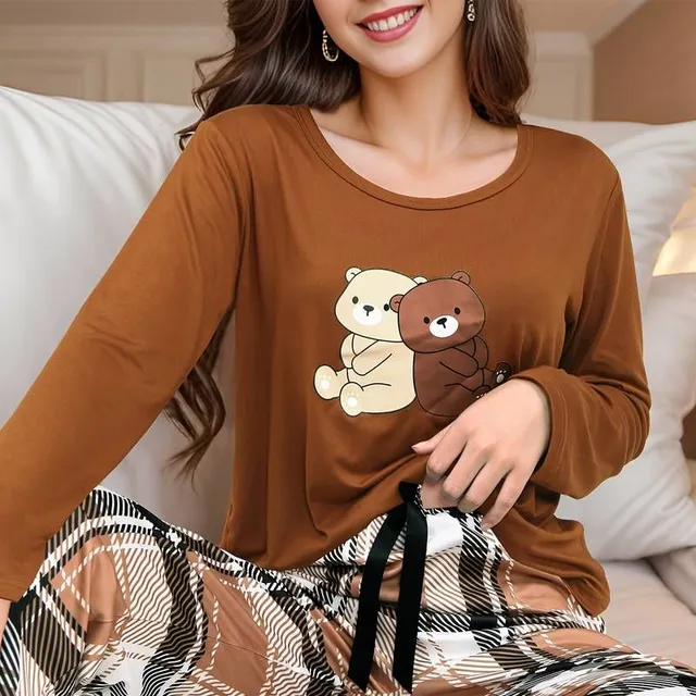 Set de loungewear pentru femei cu imprimeu de ursuleți - Partea superioară cu mâneci lungi și decolteu rotund, pantaloni cu dungi și fundiță
