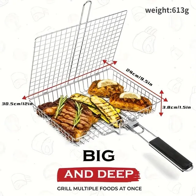 Stainless steel barbecue basket resistant to rusting for meat, fish, vegetables and more
