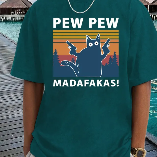 PEW PEW! Male T-shirt with cat and fallen shoulders