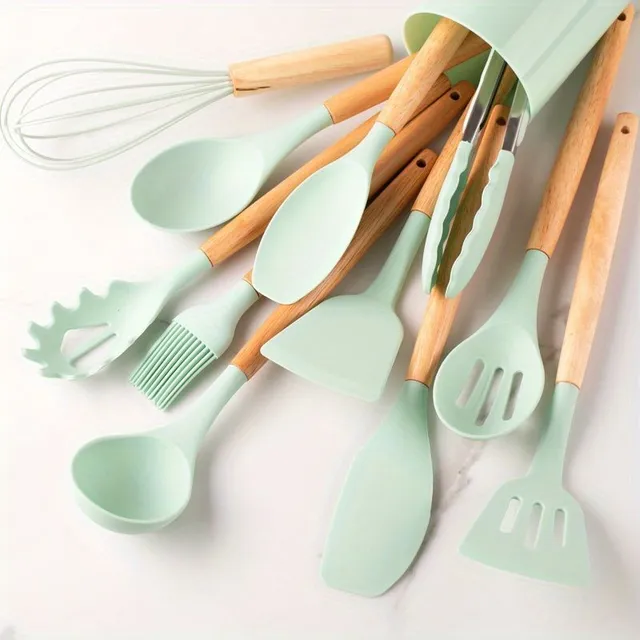 Ensemble de 12 pièces d'ustensiles en silicone, ensemble de cuisine kaki avec poignée en bois, ustensiles de cuisson sécurisés, ustensiles de cuisine avec surface antiadhésive, vaisselle moderne lavable, accessoires de cuisine, fournitures de cuisine, fournitures scolaires, retour à l'école