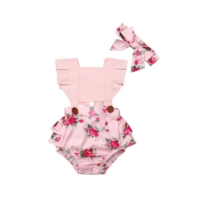 Children's overall with ruffles and floral pattern + headband