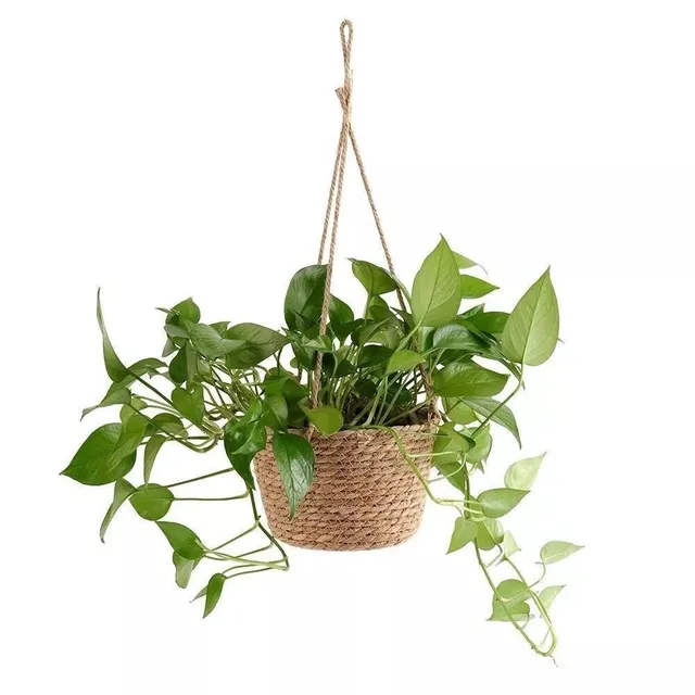 Basket for hanging pot made of woven jute rope