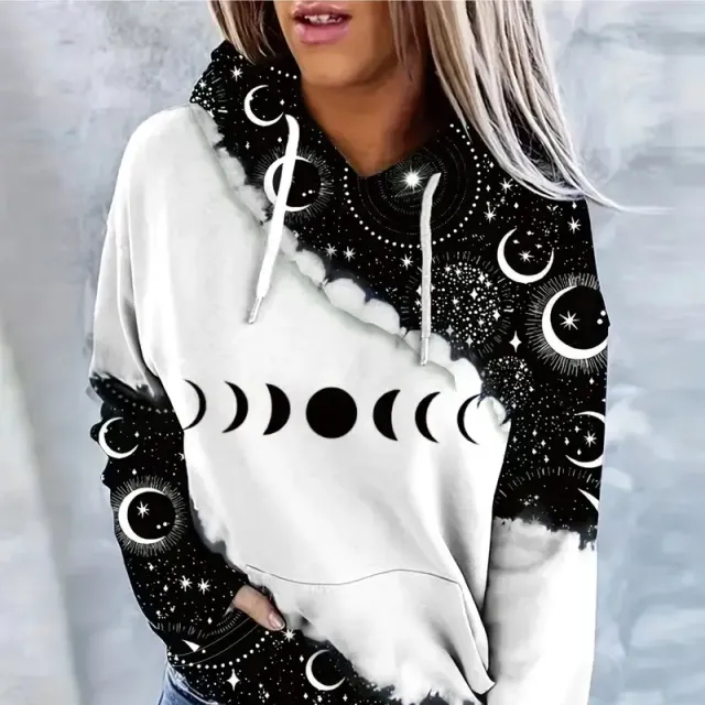 Women's hoodie with hood, colourful moon and stars print, drawstring