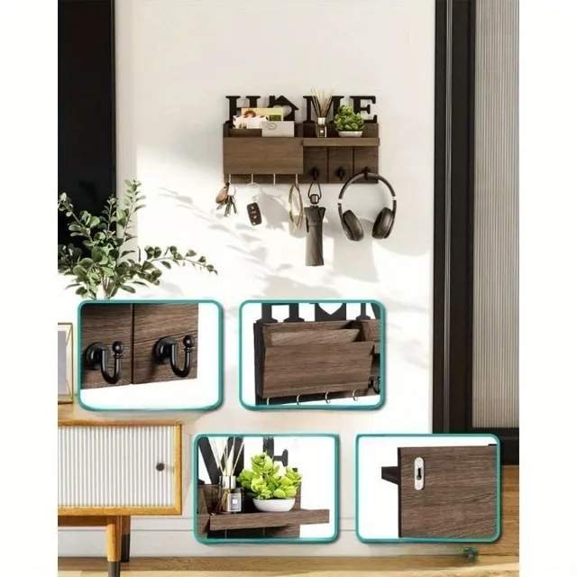 Wall mounted mail organiser with hooks