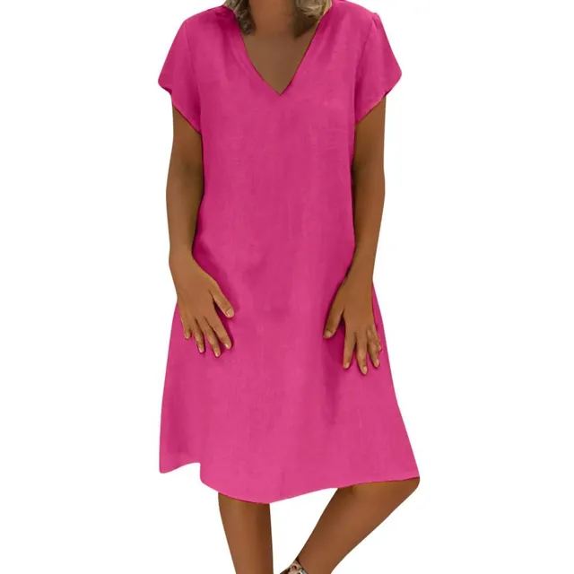 Ladies summer loose linen dress hot-pink-2 s