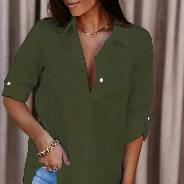 Women's V-neck shirt, solid colour, buttoned, long sleeves, casual style