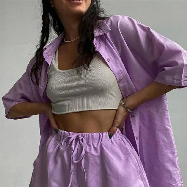 Women's two-piece set of clothes for summer - long shirts and shorts