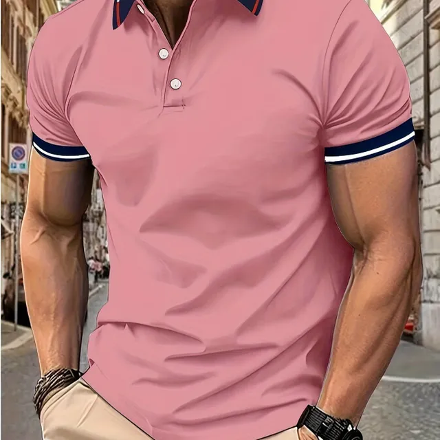 Men's golf polo shirt with short sleeve for leisure - breathable with contrasting lining