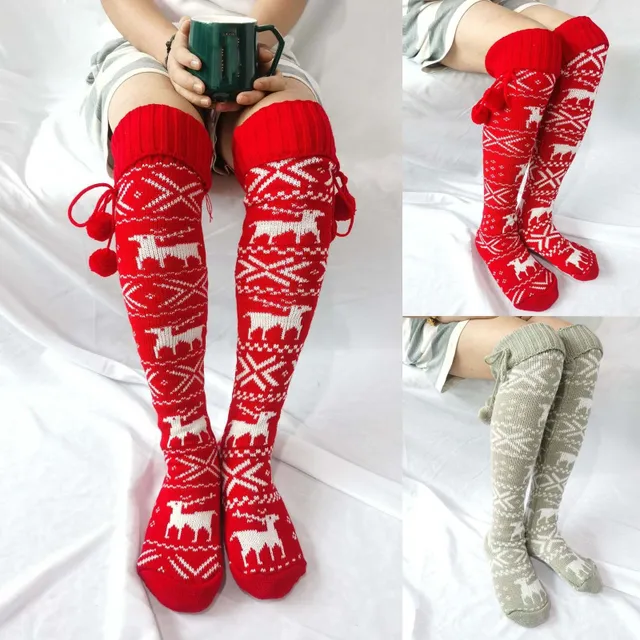 Ciorapi peste genunchi cu model de Crăciun pentru femei