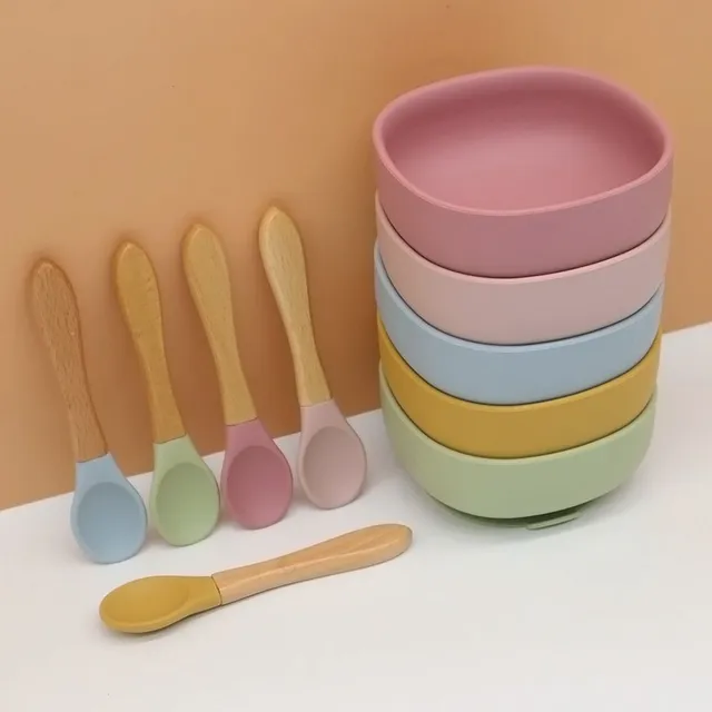 Set de repas en silicone coloré pour enfants - bavoir + bol avec ventouse et cuillère