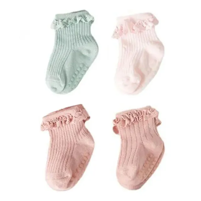 Dětské bavlněné protiskluzové ponožky na podzim a zimu s volánky pro miminka a batolata, 4 páry