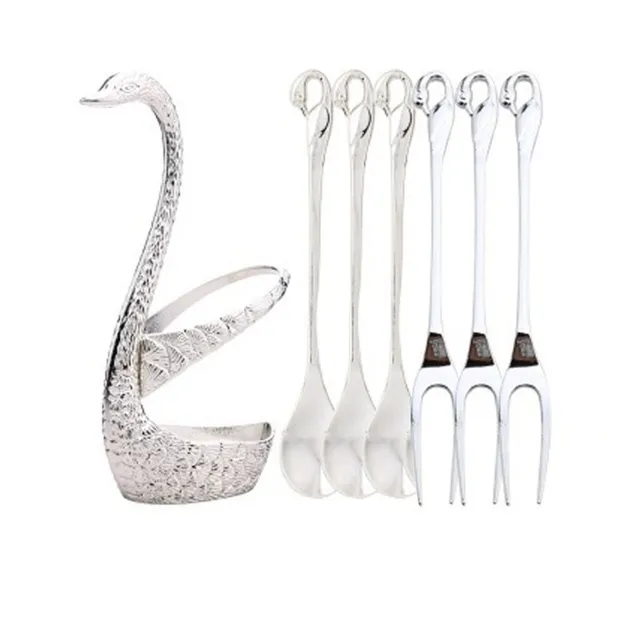 Set of cutlery with stand in shape of swan 7 pcs