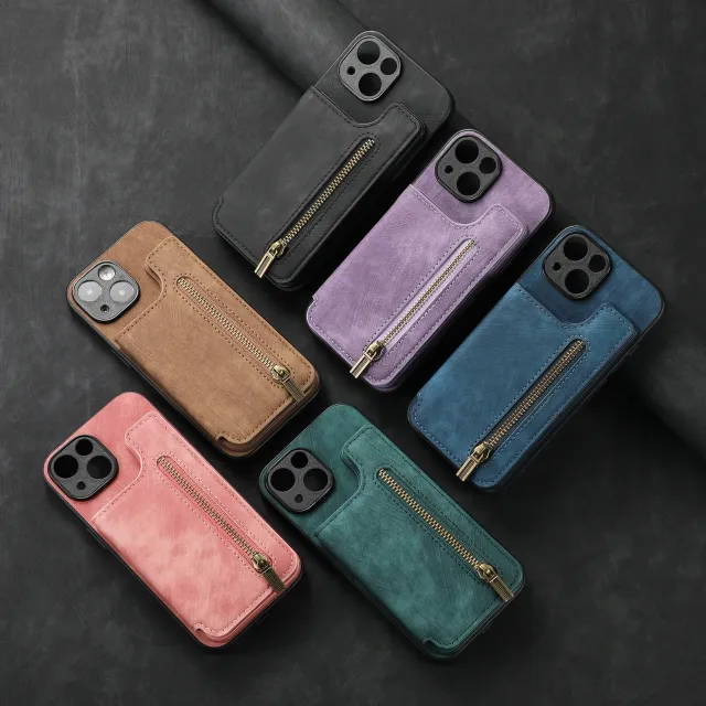 Stylish leather case with zipper pocket for iPhone phones - different colors